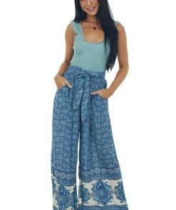 ANGIE Dusty Blue Floral Print Waist Tie Wide Leg Pants Bottoms