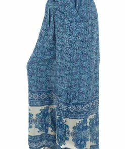 ANGIE Dusty Blue Floral Print Waist Tie Wide Leg Pants Bottoms