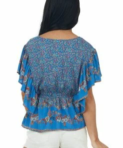 ANGIE Tops Dusty Blue Floral Ruffle Elastic Waist Tie Top