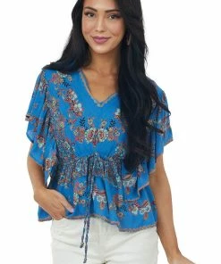 ANGIE Tops Dusty Blue Floral Ruffle Elastic Waist Tie Top