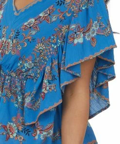 ANGIE Tops Dusty Blue Floral Ruffle Elastic Waist Tie Top