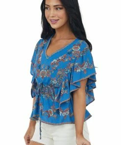 ANGIE Tops Dusty Blue Floral Ruffle Elastic Waist Tie Top