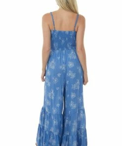 Ces Femme Dresses Dusty Blue Floral Sleeveless Smocked Jumpsuit