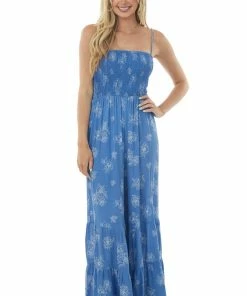 Ces Femme Dresses Dusty Blue Floral Sleeveless Smocked Jumpsuit