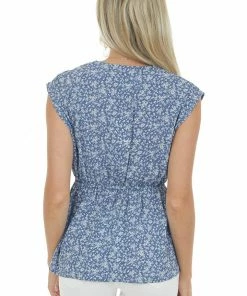 Vanilla Bay Tops Dusty Blue Floral Surplice Sleeveless Blouse