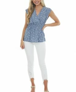 Vanilla Bay Tops Dusty Blue Floral Surplice Sleeveless Blouse