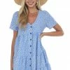 Ces Femme Dusty Blue Floral Tiered Babydoll Button Dress Dresses