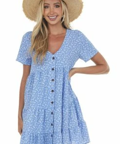 Ces Femme Dusty Blue Floral Tiered Babydoll Button Dress Dresses