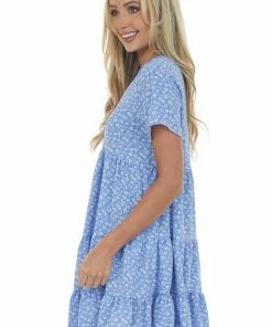 Ces Femme Dusty Blue Floral Tiered Babydoll Button Dress Dresses