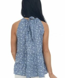 Vanilla Bay Dusty Blue Floral Tiered Halter Neck Tank Top Tops