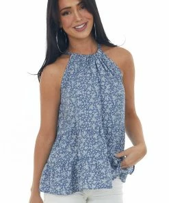 Vanilla Bay Dusty Blue Floral Tiered Halter Neck Tank Top Tops