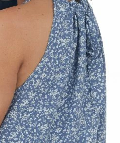 Vanilla Bay Dusty Blue Floral Tiered Halter Neck Tank Top Tops