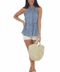 Vanilla Bay Dusty Blue Floral Tiered Halter Neck Tank Top Tops