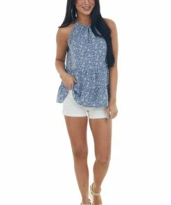 Vanilla Bay Dusty Blue Floral Tiered Halter Neck Tank Top Tops