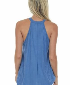 Haptics Dusty Blue Halter Neck Ribbed Knit Tank Top Tops