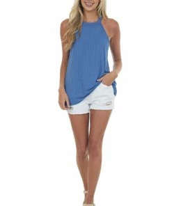 Haptics Dusty Blue Halter Neck Ribbed Knit Tank Top Tops