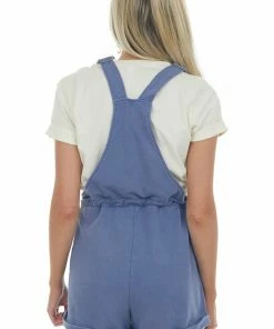 Peach Love Dusty Blue Knit Overalls With Drawstring Waist Dresses