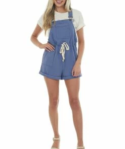 Peach Love Dusty Blue Knit Overalls With Drawstring Waist Dresses