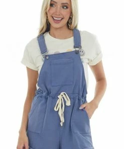 Peach Love Dusty Blue Knit Overalls With Drawstring Waist Dresses