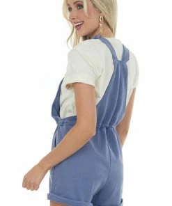 Peach Love Dusty Blue Knit Overalls With Drawstring Waist Dresses