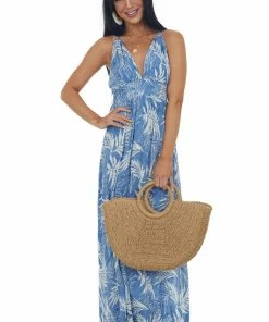 Timing Dresses Dusty Blue Leaf Print Open Tie Back Maxi Dress