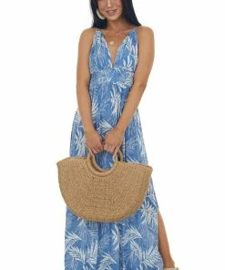 Timing Dresses Dusty Blue Leaf Print Open Tie Back Maxi Dress