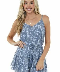 She + Sky Dresses Dusty Blue Leopard Print V Neck Tiered Romper