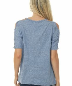 Lime Lush Dusty Blue Melange Ladder Cut Out Sleeve Tee 13 Lime Lush Dusty Blue Melange Ladder Cut Out Sleeve Tee
