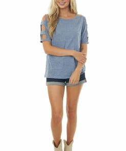 Lime Lush Dusty Blue Melange Ladder Cut Out Sleeve Tee 11 Lime Lush Dusty Blue Melange Ladder Cut Out Sleeve Tee