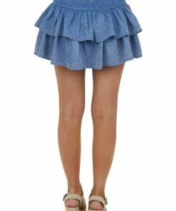 Entro Bottoms Dusty Blue Mineral Washed Smocked Ruffle Skort