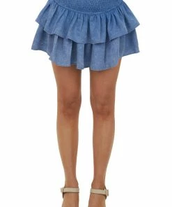 Entro Bottoms Dusty Blue Mineral Washed Smocked Ruffle Skort