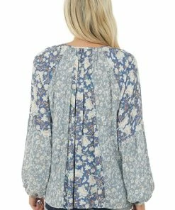143 Story Blouses Dusty Blue Multi Floral Print Bubble Sleeve Blouse