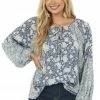 143 Story Blouses Dusty Blue Multi Floral Print Bubble Sleeve Blouse