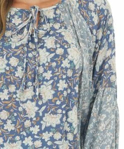 143 Story Blouses Dusty Blue Multi Floral Print Bubble Sleeve Blouse