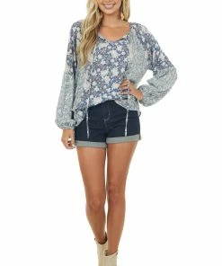 143 Story Blouses Dusty Blue Multi Floral Print Bubble Sleeve Blouse