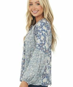 143 Story Blouses Dusty Blue Multi Floral Print Bubble Sleeve Blouse