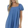 Ces Femme Dresses Dusty Blue Puff Sleeve Pleated Short Dress 1 Ces Femme Dresses Dusty Blue Puff Sleeve Pleated Short Dress