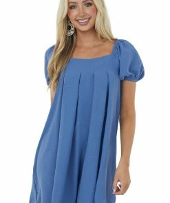 Ces Femme Dresses Dusty Blue Puff Sleeve Pleated Short Dress