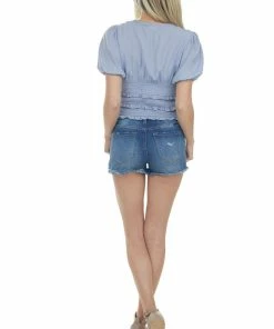 Mustard Seed Dusty Blue Short Puff Sleeve Blouse With Smocked Detail Tops