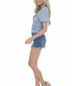 Mustard Seed Dusty Blue Short Puff Sleeve Blouse With Smocked Detail Tops