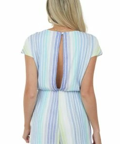 She + Sky Dresses Dusty Blue Striped Cap Sleeve V Neck Woven Romper 12 She + Sky Dresses Dusty Blue Striped Cap Sleeve V Neck Woven Romper