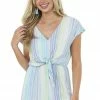 She + Sky Dresses Dusty Blue Striped Cap Sleeve V Neck Woven Romper