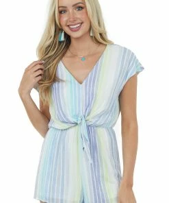 She + Sky Dresses Dusty Blue Striped Cap Sleeve V Neck Woven Romper