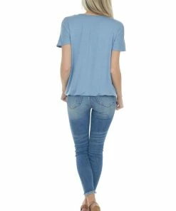 HEIMISH Dusty Blue Surplice Ladder Strap Neck Knit Top