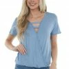 HEIMISH Dusty Blue Surplice Ladder Strap Neck Knit Top
