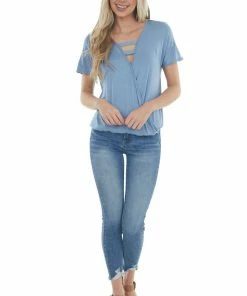 HEIMISH Dusty Blue Surplice Ladder Strap Neck Knit Top