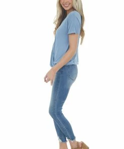 HEIMISH Dusty Blue Surplice Ladder Strap Neck Knit Top