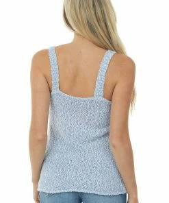 Staccato Dusty Blue Textured Sweater Knit Tank Top With V Neckline Tops 12 Staccato Dusty Blue Textured Sweater Knit Tank Top With V Neckline Tops