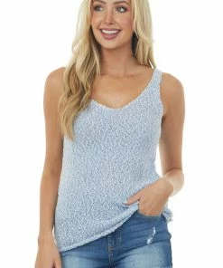 Staccato Dusty Blue Textured Sweater Knit Tank Top With V Neckline Tops