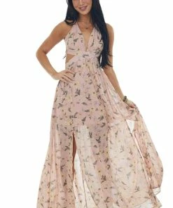 She + Sky Dusty Blush Floral Cut Out Waist Maxi Dress Dresses
